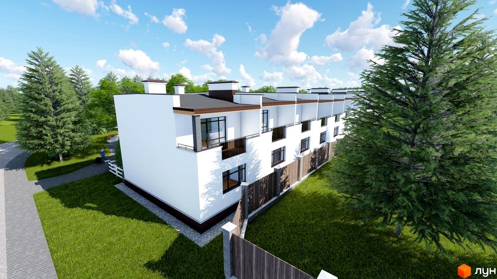 Зображення сторінки житлового комплексу Green Place. На фото зображено білі таунхауси з темною покрівлею, поруч зелена трава та дерева.