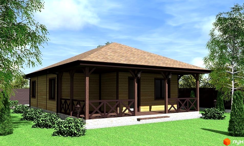 Будинок в Котеджному містечку Хуторок з дерев'яним фасадом, коричневим дахом та широкою верандою. Навколо зелений газон та дерева.