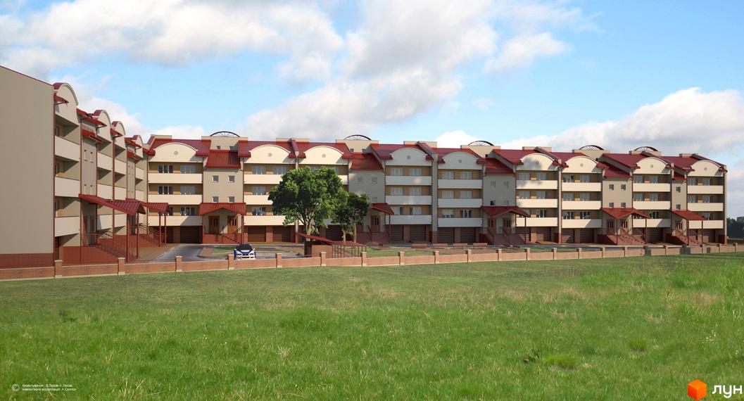 Зображення фасаду Житлового комплексу на вулиці Стрийська, 197. Триповерховий будинок з червоним дахом та балконами, зелений газон перед будинком.