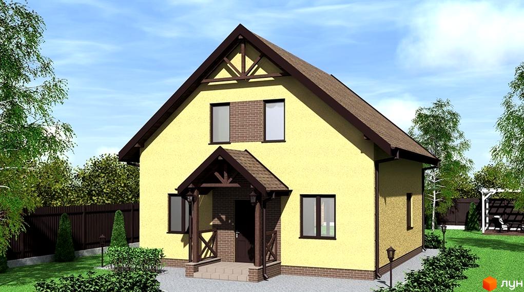 Жовтий будинок з коричневим дахом та ганком. Прибудинкова територія Котеджного містечка Хуторок з газоном та деревами.