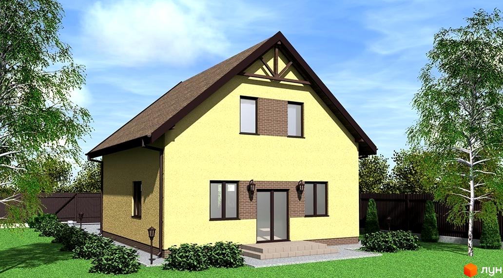 Зображення будинку в Котеджному містечку Хуторок. Двоповерховий будинок з коричневою черепицею та жовтими стінами. На території є зелена трава та дерева.