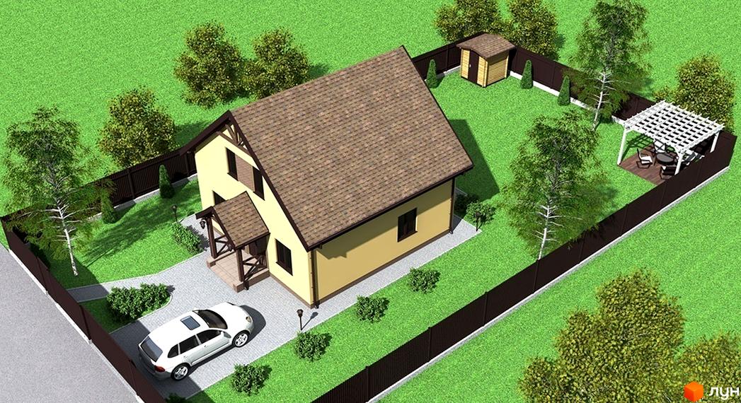 Зображення будинку в Котеджному містечку Хуторок. Двоповерховий будинок з коричневою черепицею та жовтими стінами. На території є газон, дерева, альтанка та паркан.