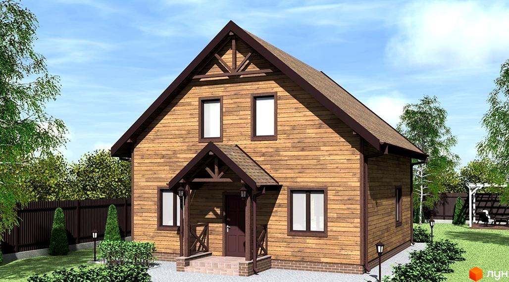 Двоповерховий будинок з дерев'яним фасадом. Біля будинку є газон, дерева та декоративні кущі, а також огорожа.