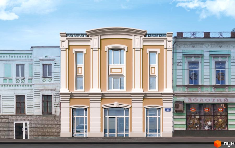 Фасад будівлі в історичному стилі з великими вікнами та декоративними елементами. Поруч розташовані інші будівлі, що створюють міський пейзаж.