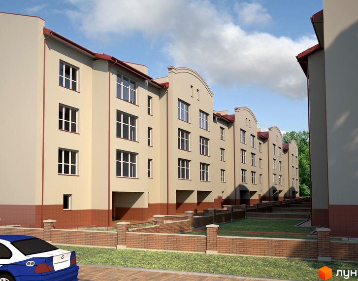 Зображення фасаду та прибудинкової території Житлового комплексу по вулиці Стрийська, 197. Вигляд новобудови та озелененого подвір'я.