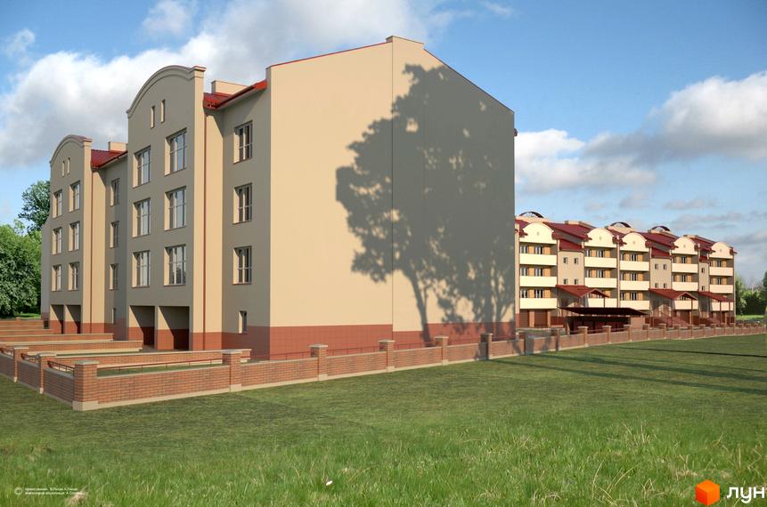 Зображення житлового комплексу по вулиці Стрийська, 197. На фото будівля з червоним дахом та зелений газон перед нею.