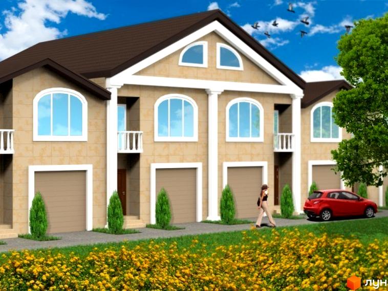 Зображення житлового будинку з гаражами та балконами. На передньому плані газон з квітами, біля будинку припаркований червоний автомобіль.