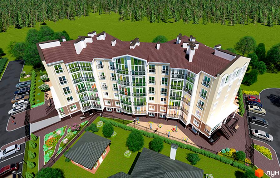 Житловий комплекс Мандарин з панорамними вікнами та коричневою покрівлею. На території є дитячий майданчик, парковка та зелені насадження.