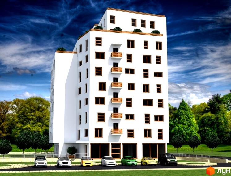 Зовнішній вигляд новобудови на вул. Боднарська, 14-16. Біла багатоповерхівка з коричневими вікнами та балконами. Прибудинкова територія з зеленими деревами та припаркованими автомобілями.