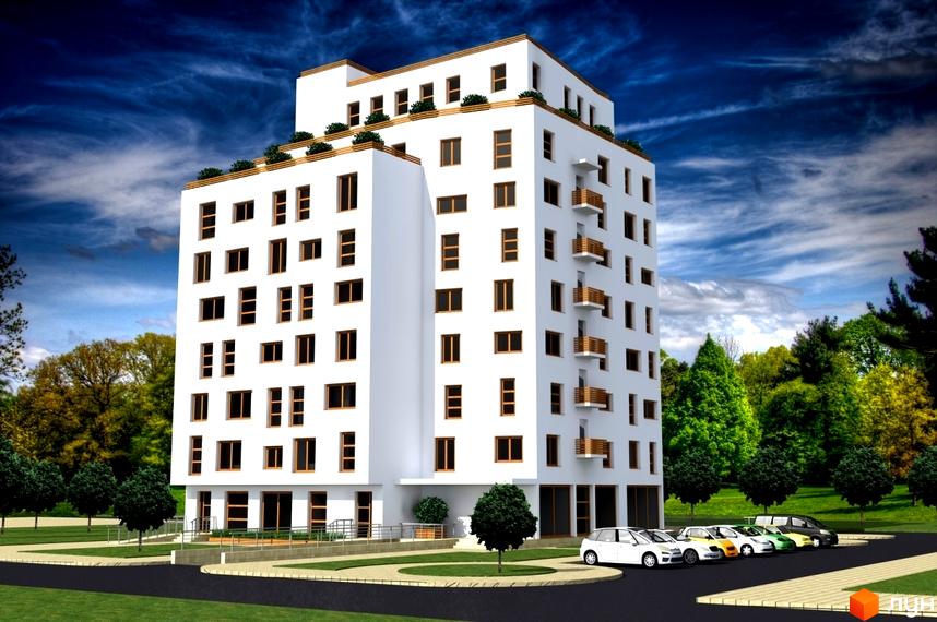 Фото новобудови на вул. Боднарська, 14-16, з білим фасадом та балконами. На прибудинковій території розташовані дерева та автомобілі.