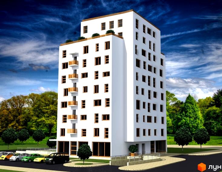 Новобудова на вул. Боднарська, 14-16. Біла багатоповерхівка з балконами та парковкою біля будинку. Навколо зелені дерева та синє небо з хмарами.