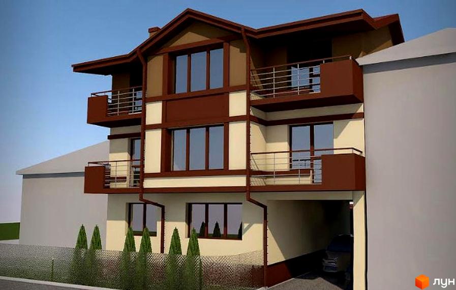 Новобудова на вул. Моторна, 48. Триповерховий будинок з коричневими та бежевими фасадами, балконами та великими вікнами. На прибудинковій території видно паркан та зелені насадження.