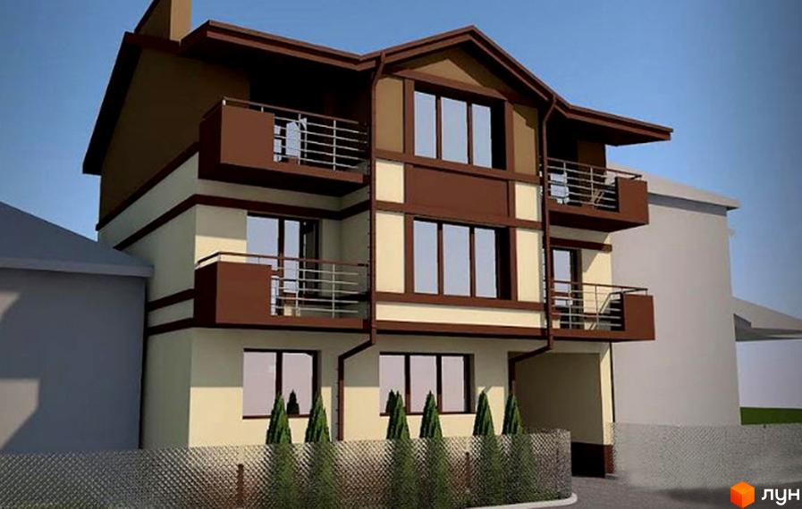 Зовнішній вигляд триповерхового житлового комплексу на вул. Моторна, 48, з балконами та великими вікнами. На прибудинковій території видно паркан та зелені насадження.