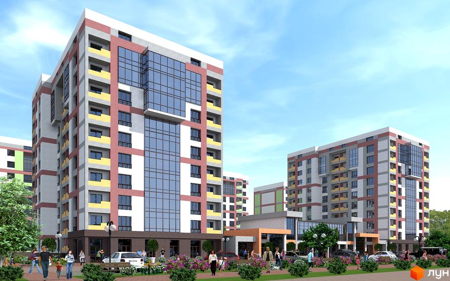 Новобудова ЖК Варшавський мікрорайон з фасадами в сірих, білих та бордових тонах, жовтими балконами. На прибудинковій території люди гуляють біля квітів та дерев.