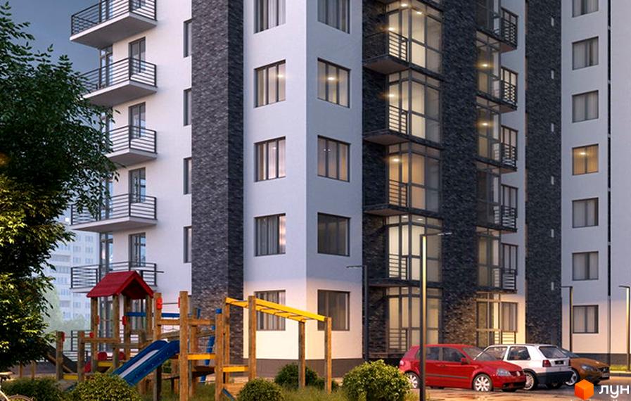 Житловий комплекс Plus на Роксоляни. Зовнішній вигляд новобудови з балконами та вікнами, дитячий майданчик та автомобілі на парковці.