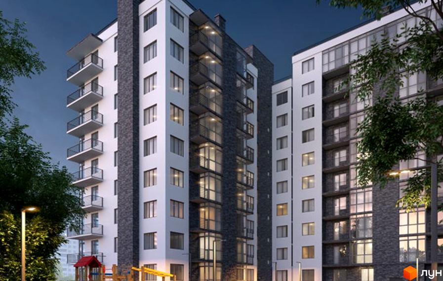 Зовнішній вигляд новобудови ЖК Plus на Роксоляни, з білими та темними фасадами, балконами та великими вікнами. Поруч розташований дитячий майданчик та освітлення.