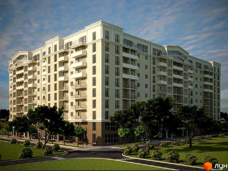 Житловий комплекс Софіївський з фасадом у світлих тонах та балконами. Прибудинкова територія з зеленими насадженнями та асфальтованою доріжкою.