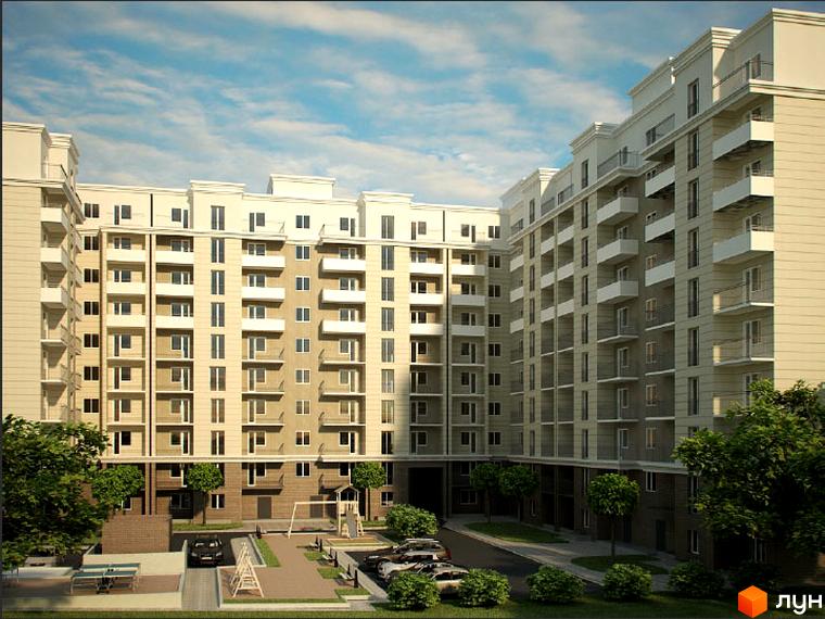 Житловий комплекс Софіївський з сучасними фасадами та прибудинковою територією з зеленими насадженнями та дитячим майданчиком.