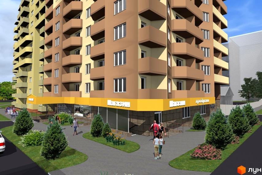 Житловий комплекс Особняк-К. Фасад багатоповерхового будинку з балконами та магазином на першому поверсі. Прибудинкова територія з деревами та пішохідними доріжками.