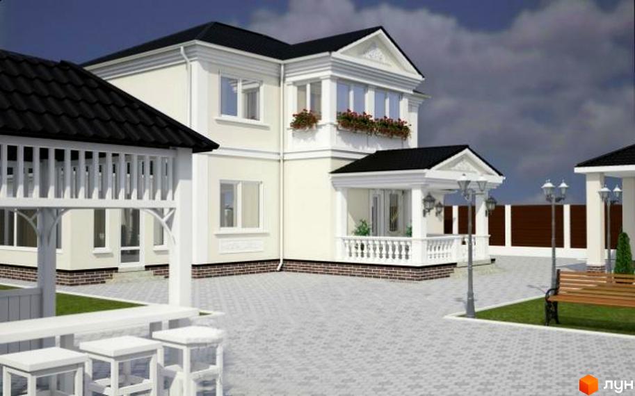 Зображення двоповерхового будинку в Котеджному містечку Family House з чорним дахом та білими стінами. Навколо будинку бруківка та зелений газон.