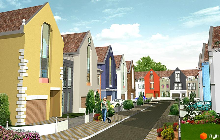 Зовнішній вигляд таунхаусів 'Журавлевская Слобода' з прибудинковою територією, озелененням та доріжками.