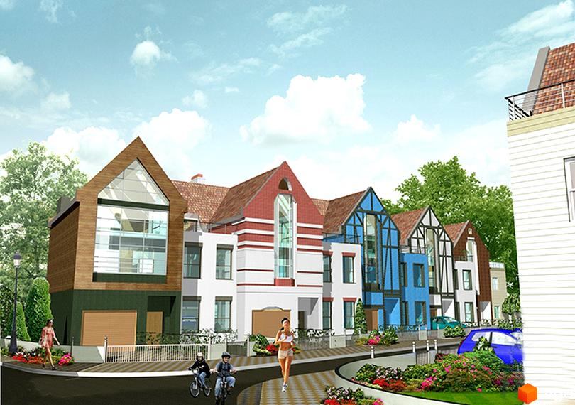 Зображення таунхаусів у Житловому районі „Журавлевская Слобода“. Вигляд будинків з червоними, синіми та коричневими дахами, перед будинками дорога та зелені насадження.