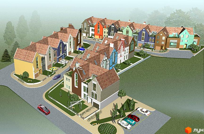 Зображення таунхаусів у Житловому районі „Журавлевская Слобода“. Вид на кольорові будинки з черепичними дахами та доглянутою прибудинковою територією.