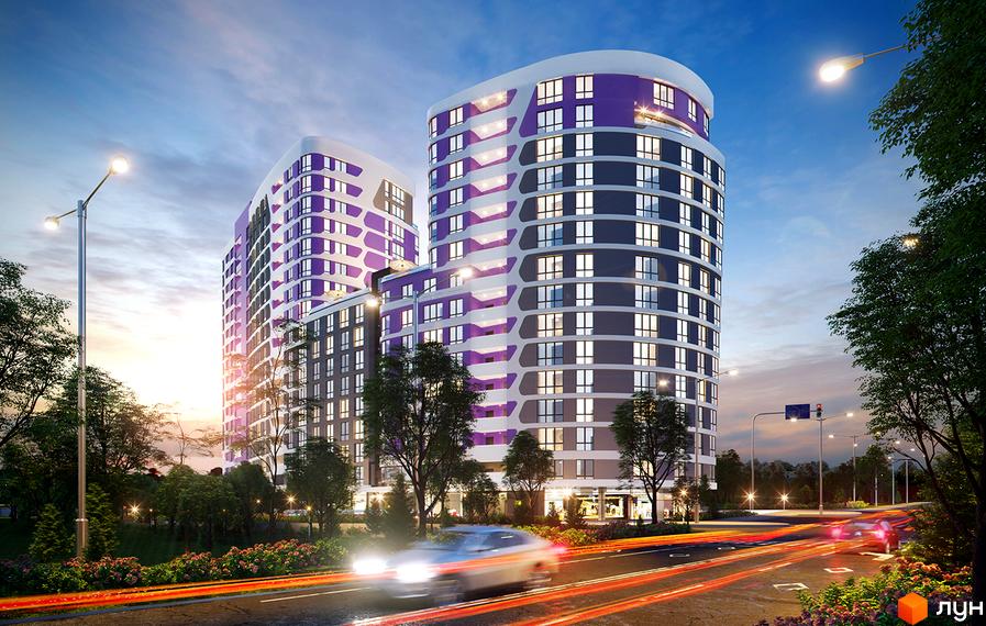 Житловий комплекс Парус Smart: дві високі будівлі фіолетового та сірого кольорів, освітлені вікна. Поруч дорога з автомобілями та зелені насадження.