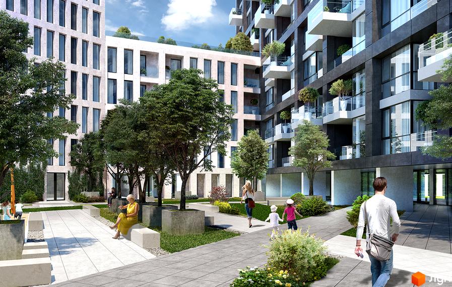 Житловий комплекс Forum Apartments з великими вікнами та балконами. Облаштована прибудинкова територія з деревами та пішохідними зонами.