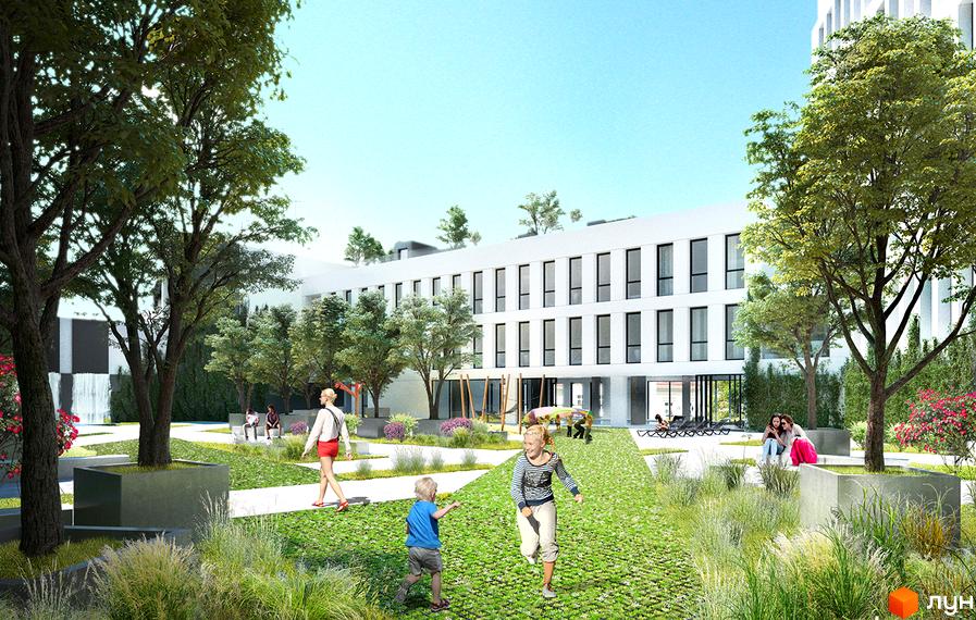 Новобудова ЖК Forum Apartments з білим фасадом та численними вікнами. На прибудинковій території зелені зони, дерева та дитячий майданчик.