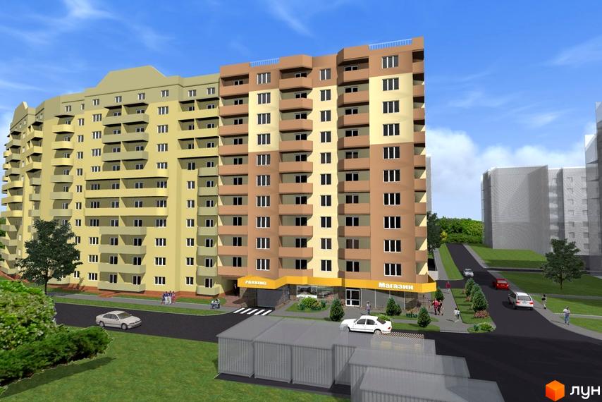 Житловий комплекс Особняк-К: жовта та коричнева багатоповерхівка з балконами та магазинами на першому поверсі. Біля будинку дорога та зелень.