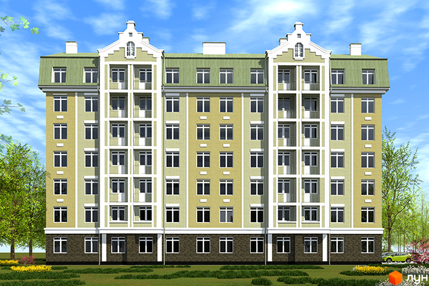 Зображення фасаду Житлового комплексу Чемпіон. Голосіїво. Багатоповерховий будинок з великими вікнами та зеленим дахом, навколо зелена територія.