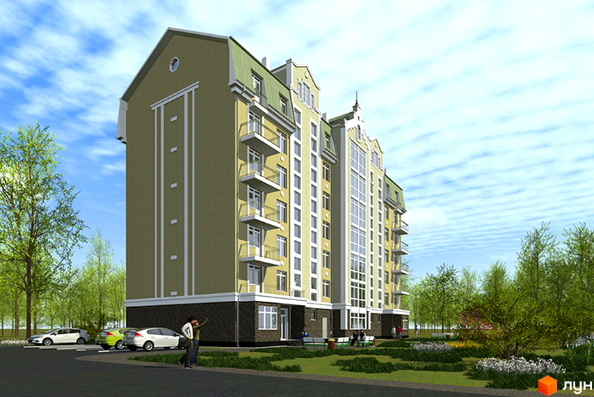 Зображення фасаду та прибудинкової території Житлового комплексу Чемпіон. Голосіїво. Багатоповерховий будинок з балконами, поруч зелена зона та парковка.