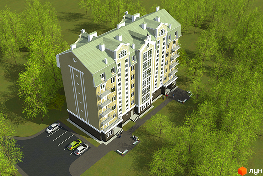 Зображення Житлового комплексу Чемпіон. Голосіїво. Багатоповерховий будинок з зеленим дахом та прибудинковою територією з парковкою і деревами.