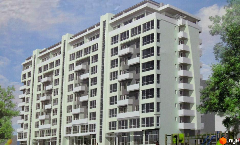 Зображення багатоповерхового будинку на вулиці Тернопільській, 21. На фото видно фасад будівлі з великими вікнами та балконами.