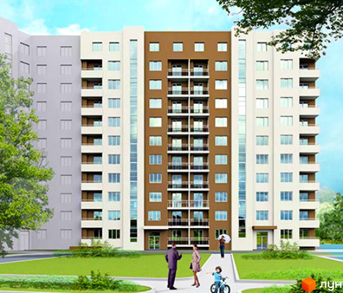 Зображення фасаду Житлового комплексу по вулиці Тернопільська, 21. Багатоповерховий будинок з великими вікнами та балконами, зелена прибудинкова територія.