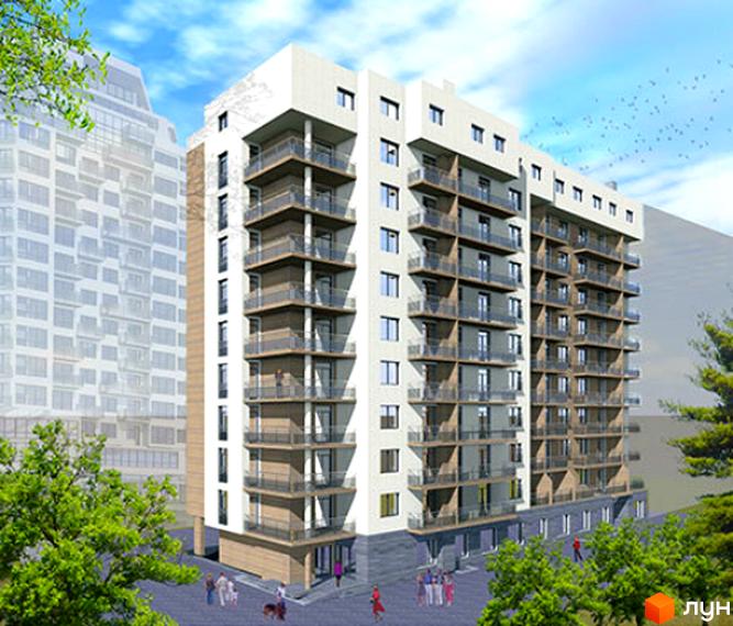 Зображення багатоповерхового будинку на вулиці Тернопільській, 21. Житловий комплекс з балконами та великими вікнами, навколо дерева та пішохідна зона.