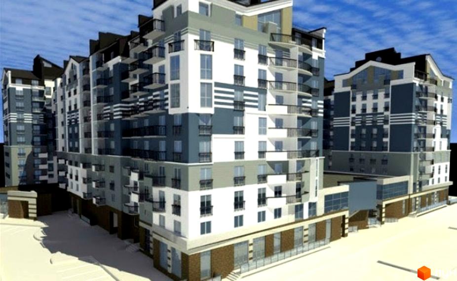 Зображення житлового комплексу по вулиці Івасюка, 2. Багатоповерхова будівля з балконами та великими вікнами на фоні блакитного неба.