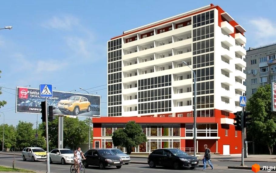 Новобудова на вул. Святослава Ріхтера, 2, 2-й пров. Сурікова, 2. Багатоповерховий будинок з білими фасадами, червоною обробкою та великими вікнами. На передньому плані дорога з автомобілями та пішоходами.