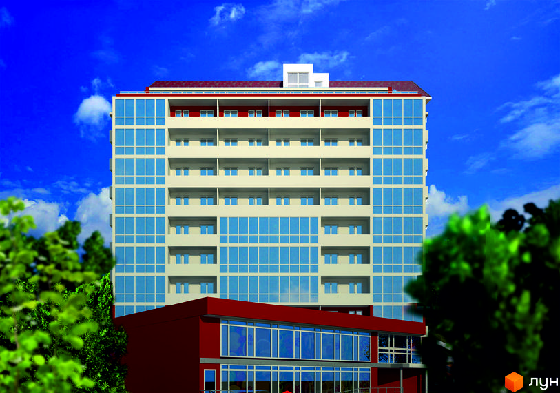 Сучасний житловий комплекс на вул. Святослава Ріхтера, 2, 2-й пров. Сурікова, 2. Багатоповерхова новобудова з панорамним склінням та червоною оздобою фасаду.