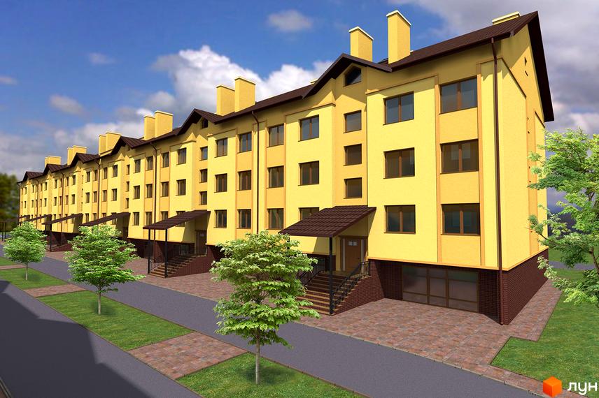 Зовнішній вигляд триповерхових жовтих будинків з коричневими дахами та вікнами. Прибудинкова територія з зеленими газонами, деревами та бруківкою.