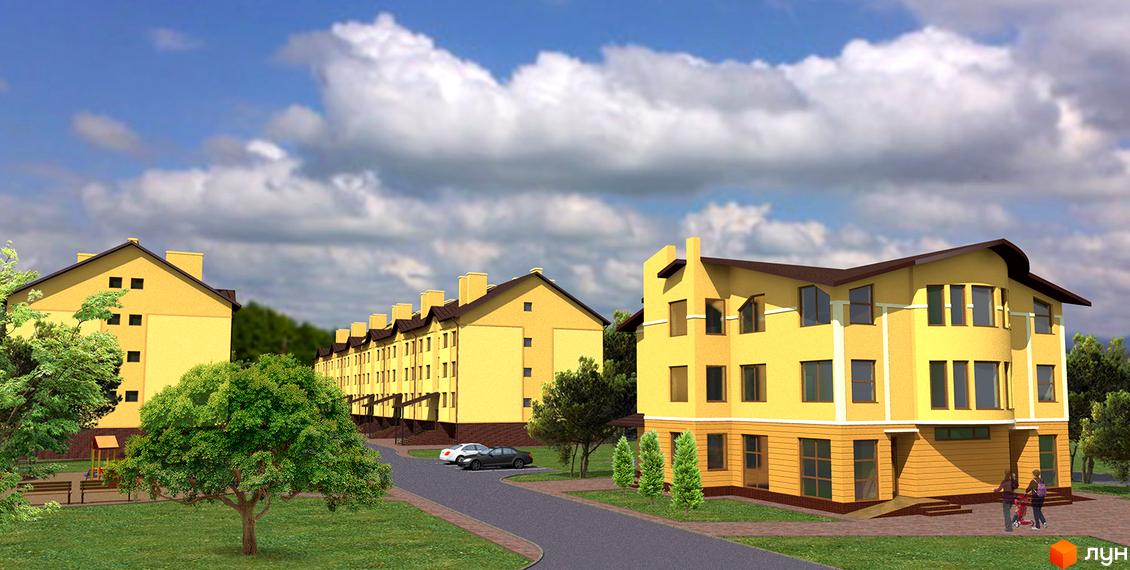 Зовнішній вигляд жовтих багатоповерхових будинків житлового комплексу на вулиці Проектована-Тролейбусна, 1, 2. На прибудинковій території зелені насадження та дитячий майданчик.