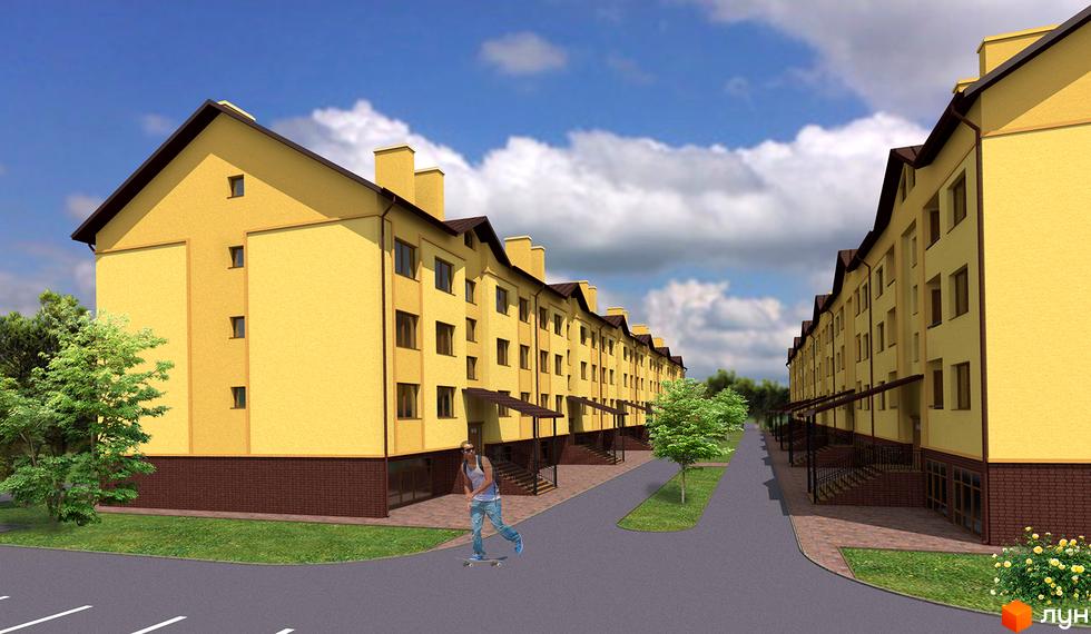 Зовнішній вигляд жовтих будинків житлового комплексу на вул. Проектована-Тролейбусна, 1, 2. Прибудинкова територія з деревами та газоном.