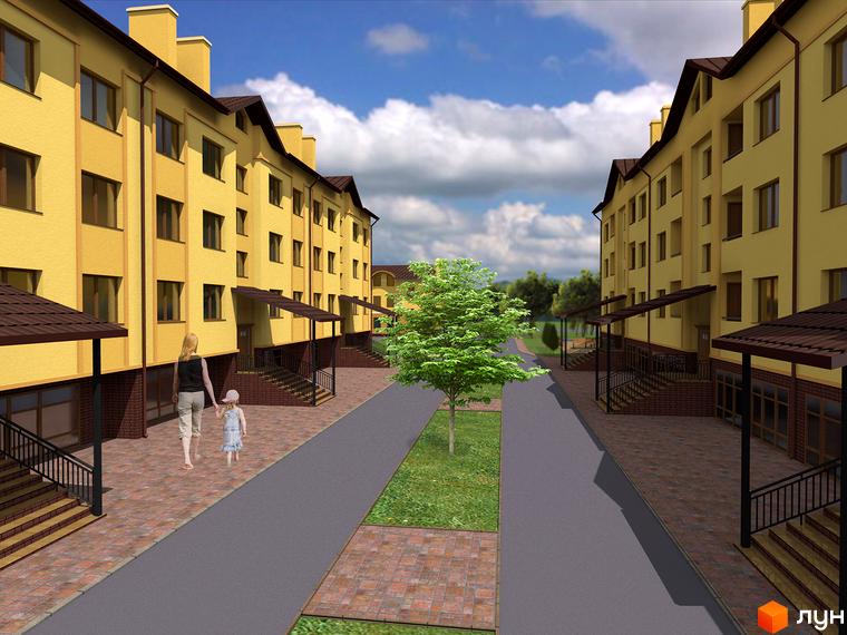 Зовнішній вигляд жовтих багатоповерхових будинків житлового комплексу на вул. Проектована-Тролейбусна, 1, 2. Прибудинкова територія з тротуаром, газоном та деревами.