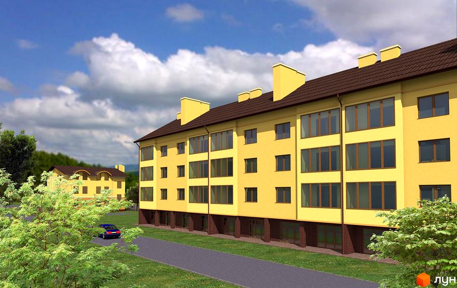 Житловий комплекс на вул. Проектована-Тролейбусна, 1, 2. Фасад будинку жовтого кольору з коричневим дахом та великими вікнами. Поруч зелена зона та дорога.