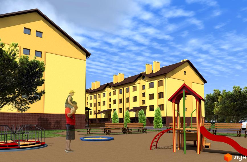 Житловий комплекс на вул. Проектована-Тролейбусна, 1, 2. Фасад жовтого кольору, вікна темні. На прибудинковій території дитячий майданчик з гіркою та пісочницею, лавки.