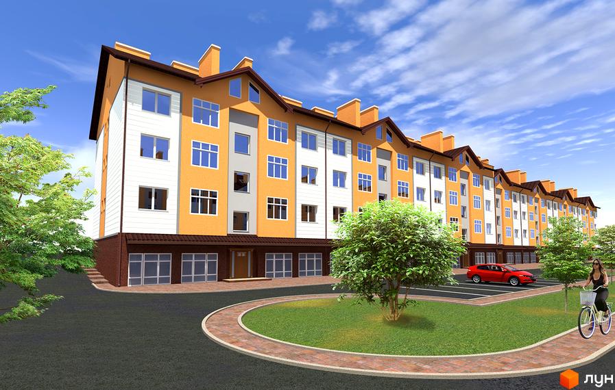 Зовнішній вигляд житлового комплексу на вул. Проектована-Тролейбусна, 1, 2. На території є зелені насадження, парковка та доріжка для велосипедистів.