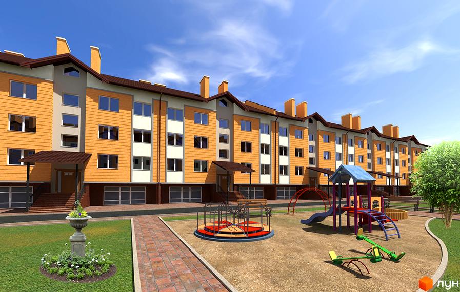 Новобудова на вул. Проектована-Тролейбусна, 1, 2, з яскравим фасадом та дитячим майданчиком. Зовнішній вигляд будинку та прибудинкова територія.