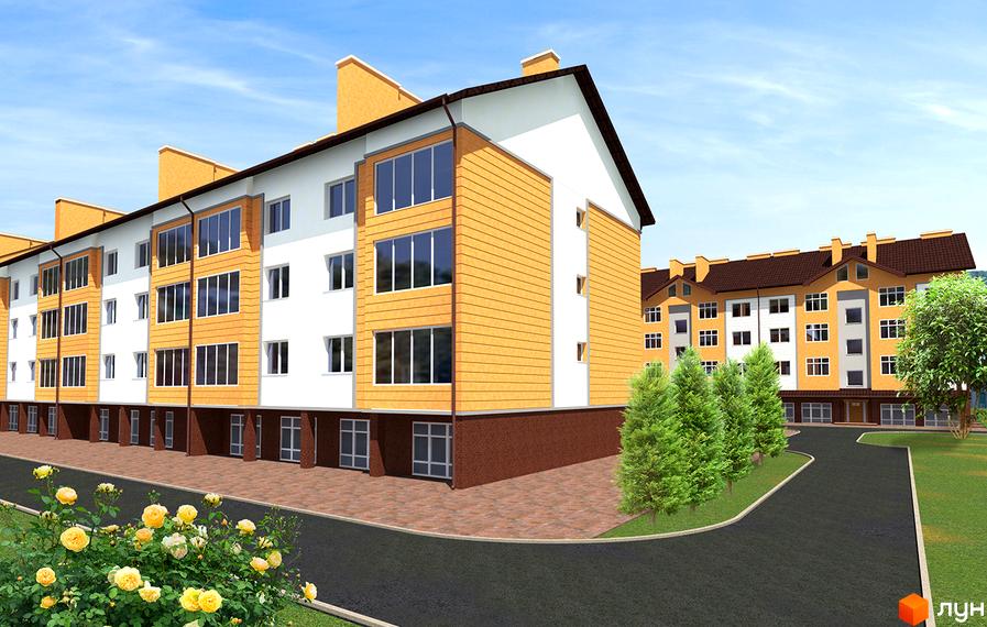 Фасад житлового комплексу з білими та помаранчевими елементами, великими вікнами та зеленими деревами поруч. Прибудинкова територія з доглянутим газоном та квітковою клумбою.