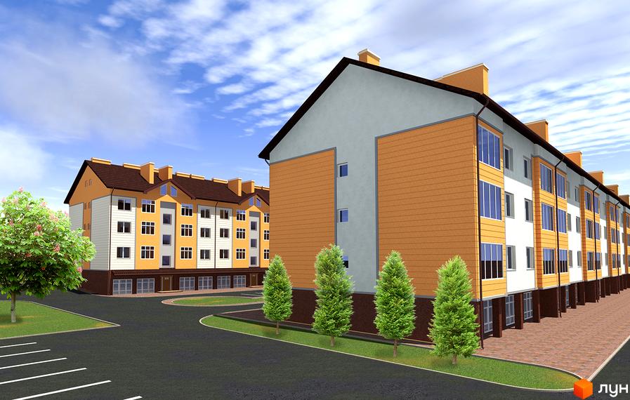 Зовнішній вигляд новобудови на вул. Проектована-Тролейбусна, 1, 2. Комплекс має фасади з помаранчевими та білими елементами, коричневий дах. На прибудинковій території розташовані зелені насадження та парковка.